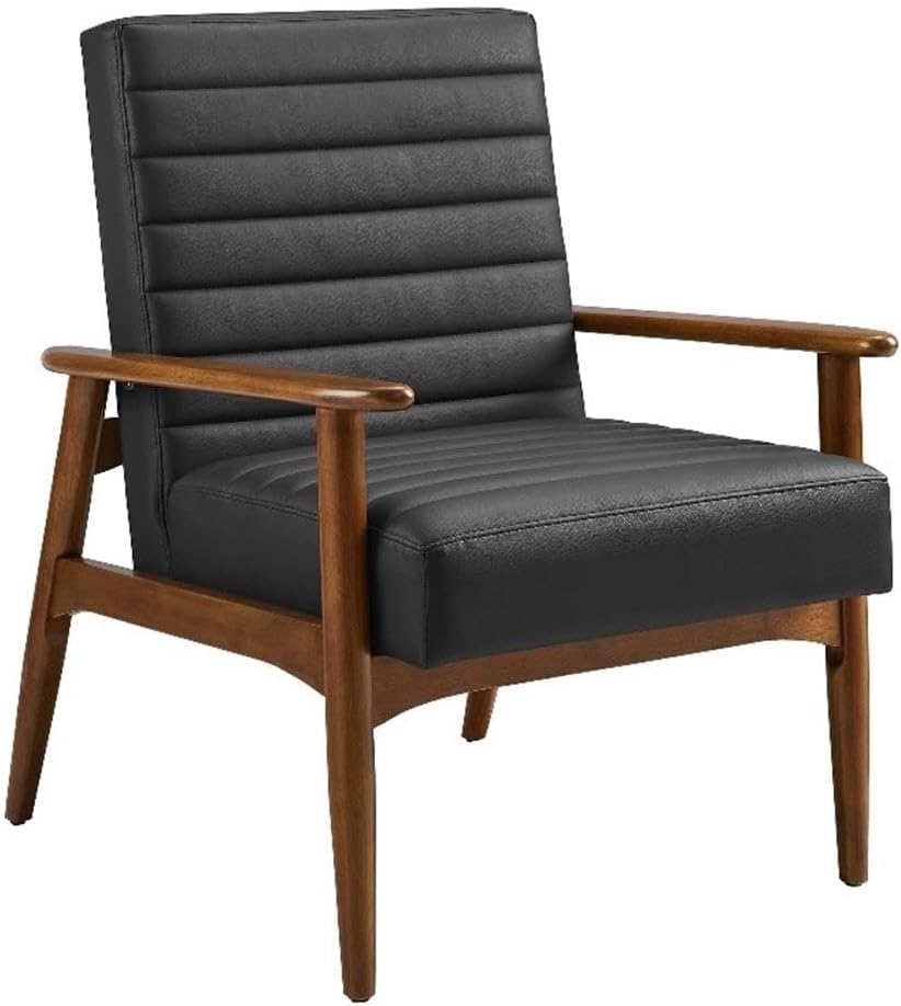 Modway Jensen Vegan Leather Accent Chair in Walnut Black - Mid-Century Modern Armchair with Solid Wood Legs & Armrest - Upholstered Faux Leather Single Side Chair - Reading Chair for Living Room