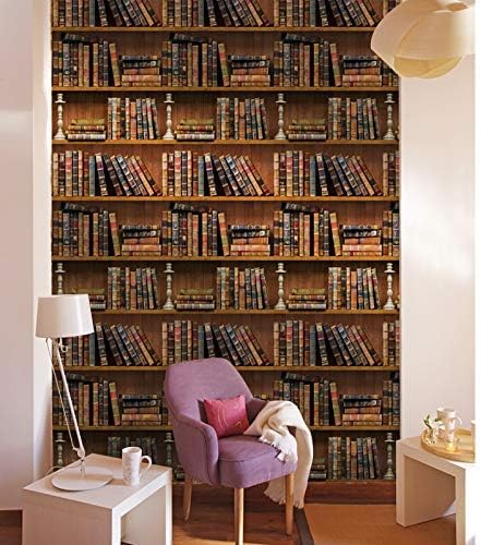 MyFun Faux Vintage Bookshelf Wallpaper Peel and Stick PVC Removable, School Library Antique Bookcase DIY Wall Sticker