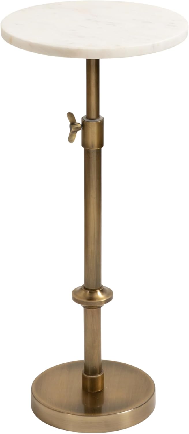 Kate and Laurel Engles Traditional Adjustable-Height Pedestal Drink Table, 10 x 10 x 30, White Marble and Antique Brass, Vintage Round Indoor Metal Plant Stand with Authentic Marble Tabletop