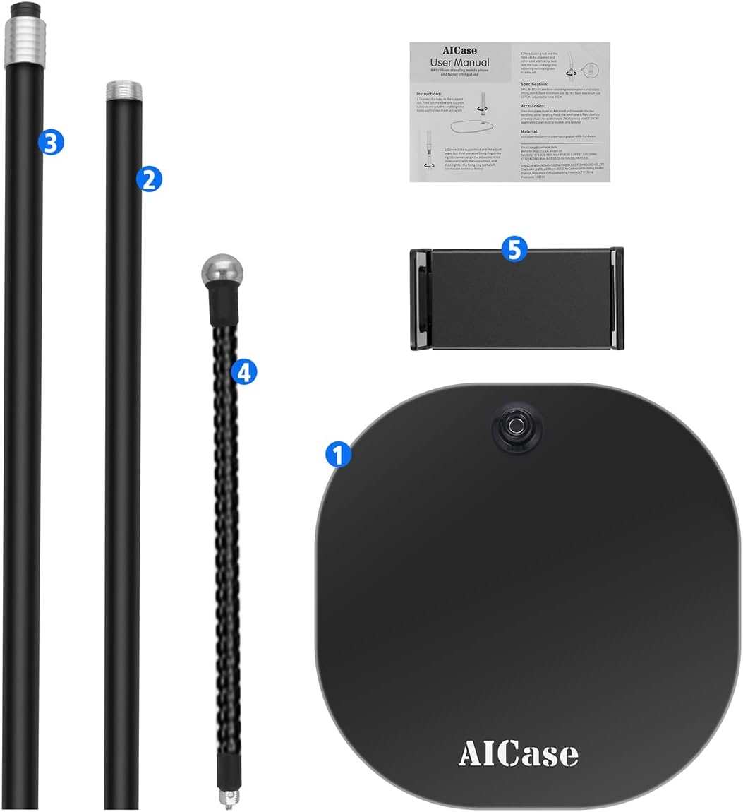 AICase Aluminium Adjustable Height Adjustable (91 cm - 137 cm) & 2.2 kg Stable Base with Gooseneck Compatible with iPad/Tablet from 4.6-13 Inches/Mobile Phone Holder Holder Floor Stand