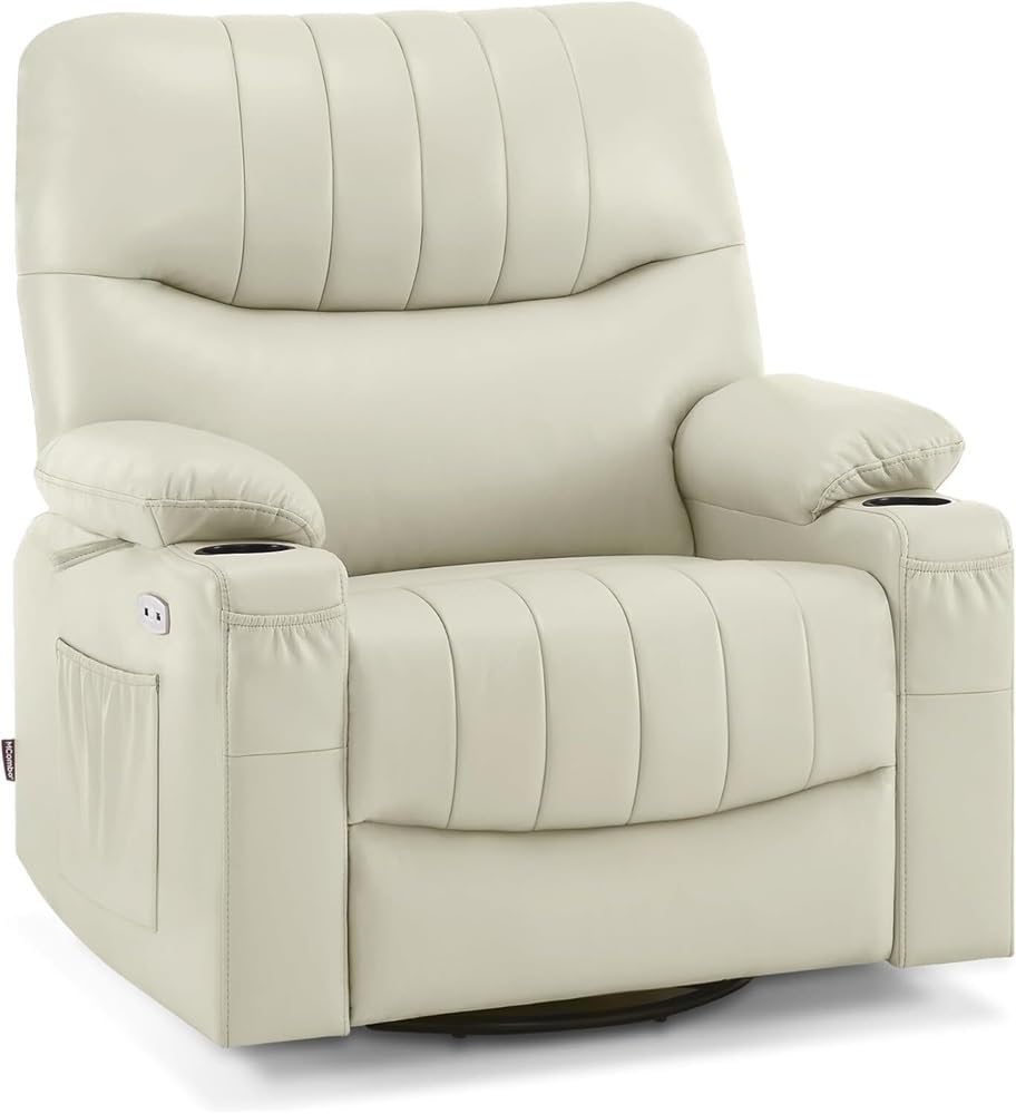 Power Swivel Glider Recliner with Heat & Vibration Massage – Oversized Electric Recliner Chair with USB Ports, Cup Holders, Side Storage Pockets, Large Comfort Sofa for Living Room