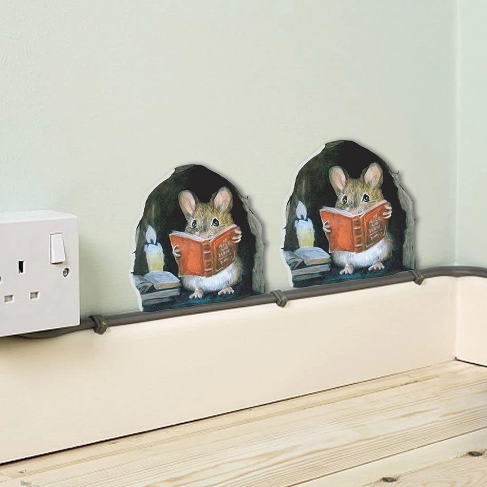3Pcs 3D Mouse Hole Wall Stickers,Mouse Reading Book in Wall Decals Water Proof Funny Wall Stickers for Bedroom Nursery Wall Decor Murals
