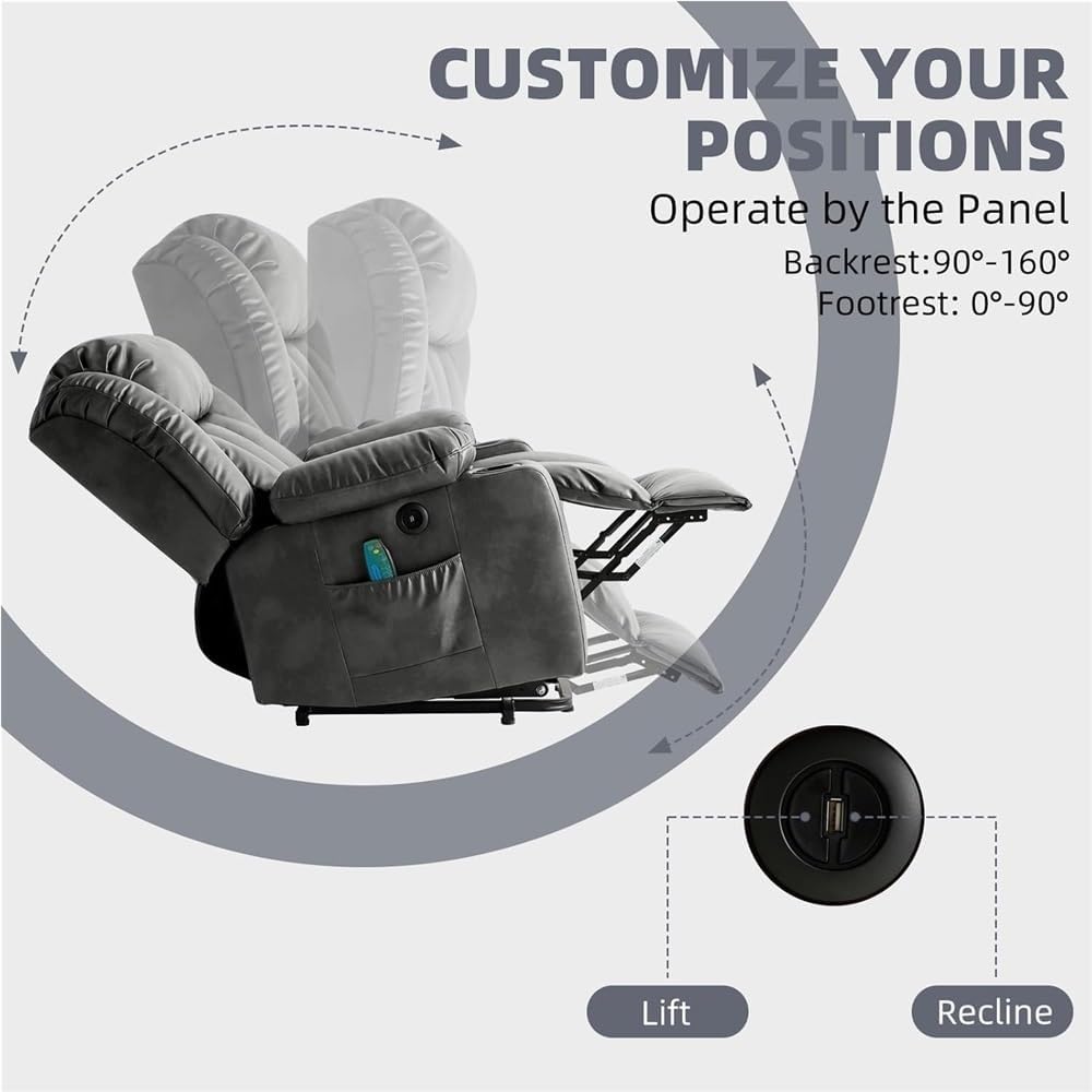 Electric Power Lift Recliner Chair for Elderly Adults with Heated Massage Remote Control USB Charger Side Pockets Cup Holders Comfortable Leather Reclining Sofa Seat
