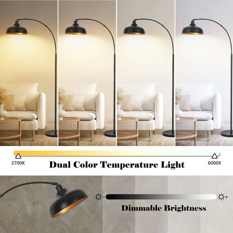 Arch Floor Lamps with Remote - Dimmable Floor Lamp 70”, Black Tall Lamp with 360° Adjustable Hanging Metal Shade, Arc Lamps Floor Standing with 9W Bulb, Over Couch Lamps for Living Room, Foot Switch