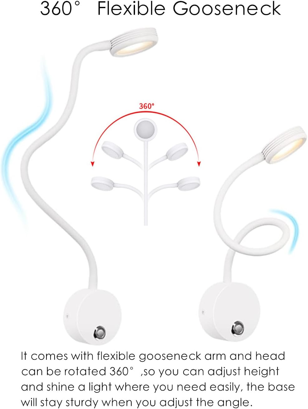 Dimmable LED Reading Lamps,Wall Mount Reading Lights for Bed Headboard,Flexible Gooseneck with Touch Dimmer Plug in Wired Sconce,3 Color Modes,10 Brightness Leves, USB Output(5V 2A), White 1 Pack