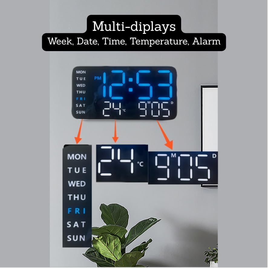 Vortex 6659 Automatic DST Adjustment, Large LED Display, Shows time, Date, and Temperature, Night Light, auto Brightness Adjustment, wall-mountable or Tabletop LED Digital Clock