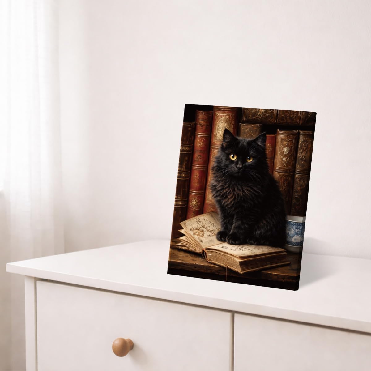 Vintage Bookshelf Cat Wall Art Black Cat Reading Canvas Print Poster Bookish Wall Decor for Home Reading Nook Library 8x10 Inch Framed