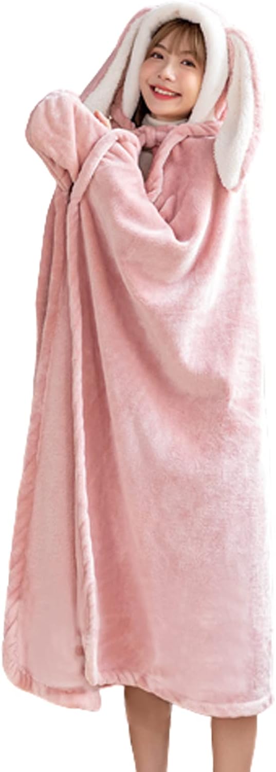 Holiberty Womens Hooded Throw Blanket Cute Buuny Ears Cozy Flannel Pockets Shawl Wrap Warm Cape Oversized Wearable Blanket