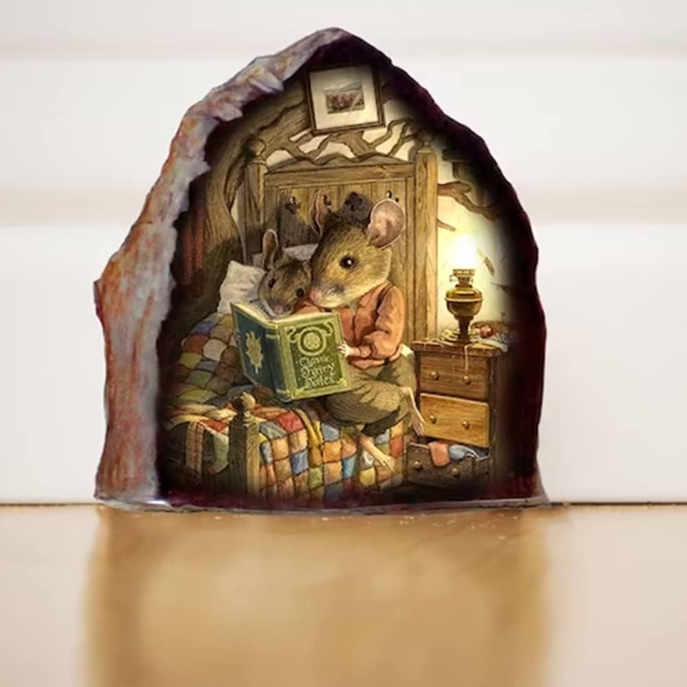 3D Mouse Hole Wall Decal, Reading Book Design, Waterproof Wall Sticker for Bedroom Decor