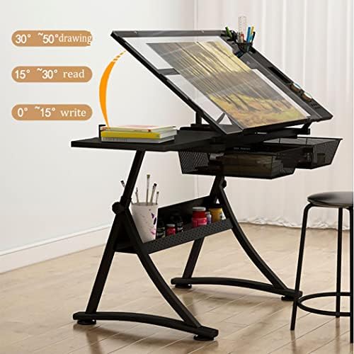 Drawing Tilting Tablet,Drafting Desk, Drafting Table for Artists, Height Adjustable Glass Writing Desk with Stool, Tiltable Drawing Table Craft/Art Desk, 2 Storage Drawer, P