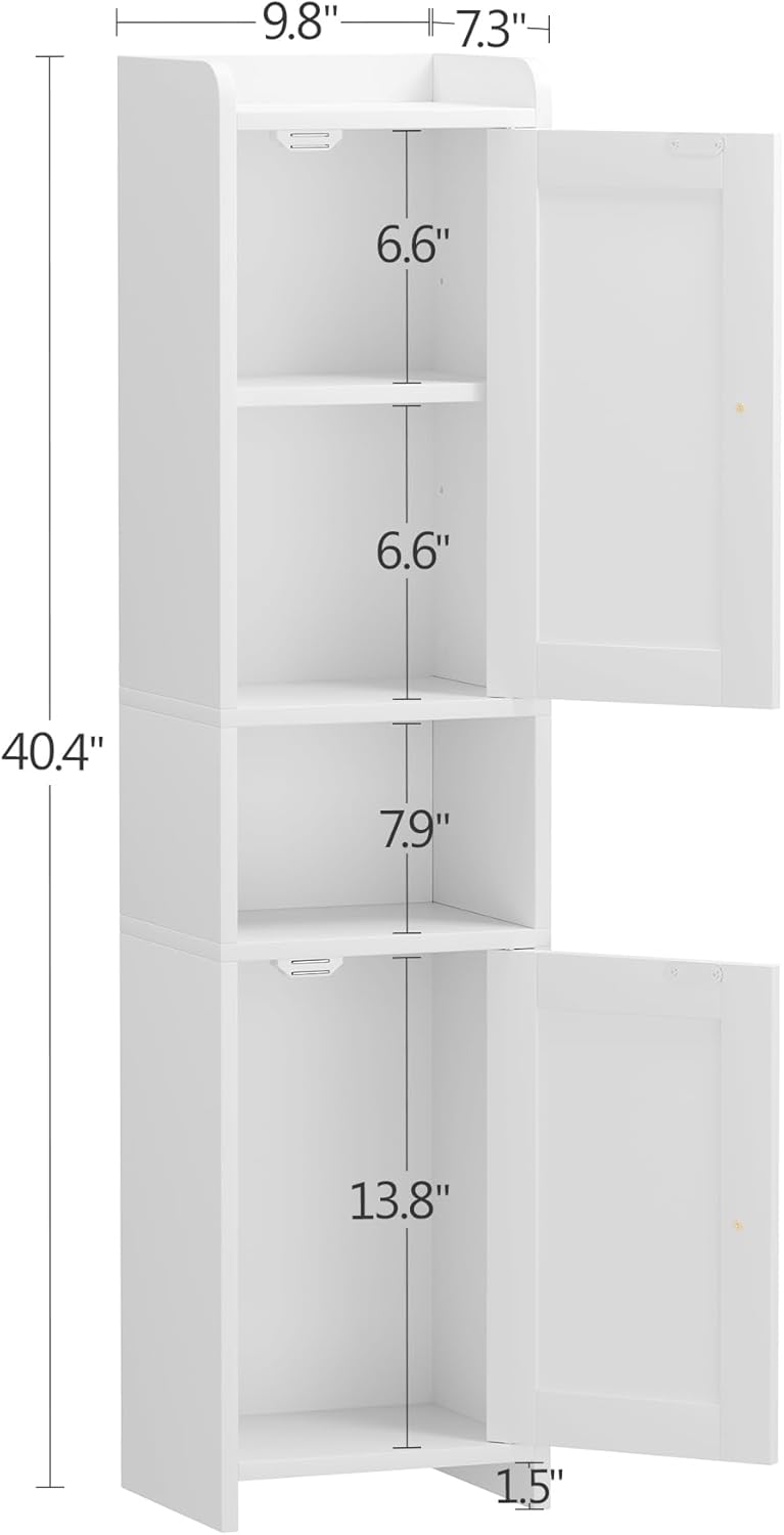 Bathroom Cabinet with 2 Doors, 7.3 x 9.8 x 40.4 Inches, Small Freestanding Storage Cabinet with Adjustable Shelf, Floor Cabinet for Small Spaces, Bathroom, Entrances, Kitchen, White