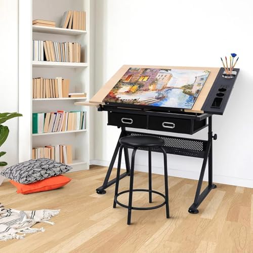Drawing Tilting Tablet,(Wood Drafting Table & Stool Set Artist Desk, 0°-45° Tilted Tabletop, （26.8"-35.8"） Height Adjustable, Drawing Workstation)