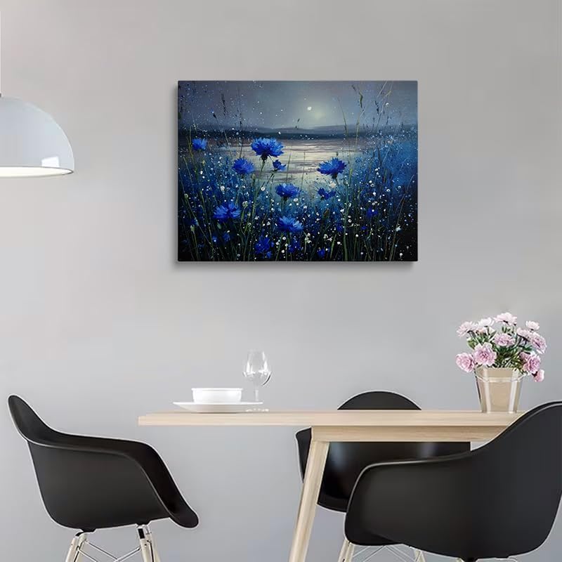 Beautiful Blue Cornflowers Moonlit Lake Landscape Canvas Wall Art - Tranquil Nature Home Decor for Living Room & Bedroom Bathroom - HD Waterproof Stretched Framed Art Print Ready to Hang 12x16 Inches