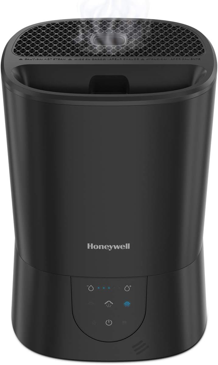 Honeywell Easy-to-Care Filter Free Warm Mist Humidifier, Medium Rooms, 1.5 Gallon Tank – Humidistat for Bedroom, Home or Office Black