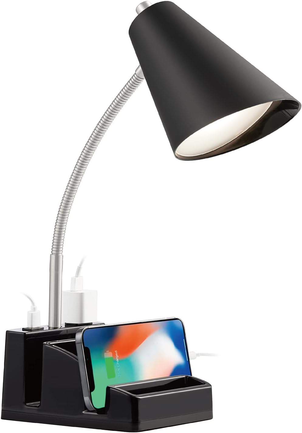 USB 충전 포트 1개와 AC 콘센트 1개가 있는 LED 책상 램프, 오거나이저 베이스, 조절 가능한 목, 온/오프 스위치, 독서, 작업, 공부를 위한 현대적인 테이블 램프, 부드럽고 따뜻한 백색광, 눈 보호(블랙)