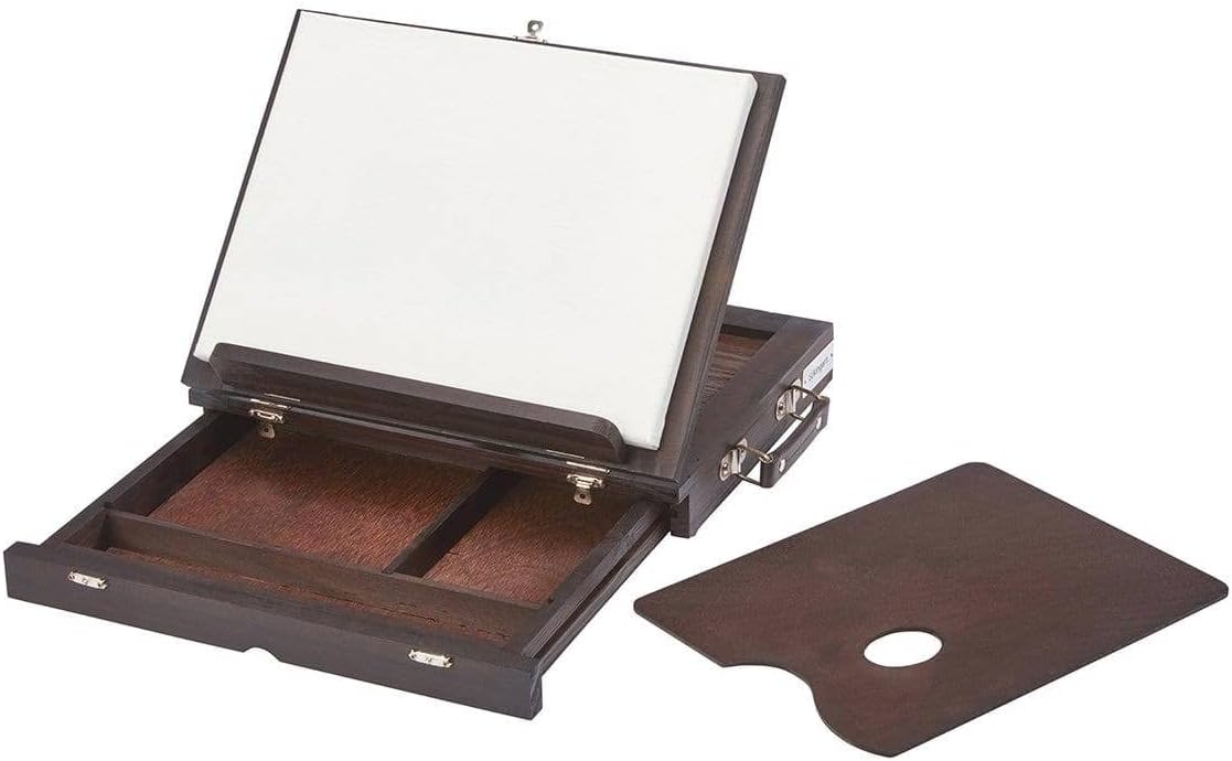 KINGART Adjustable Wood Espresso Stained Desk Table Easel with Storage Drawer, Paint Palette, Portable Wooden Artist Desktop, Painting, Drawing Sketching Book StandE