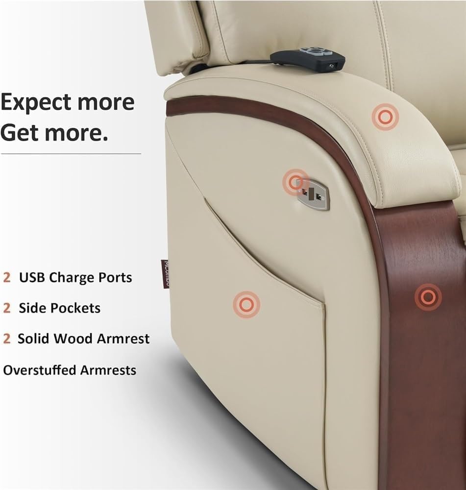 Power Lift Recliner Chair, Solid Wood Armrests, Electric Stand Assist Sofa with Massage & Heat for Elderly, Living Room Reclining Chair with USB Charging & Storage Pockets