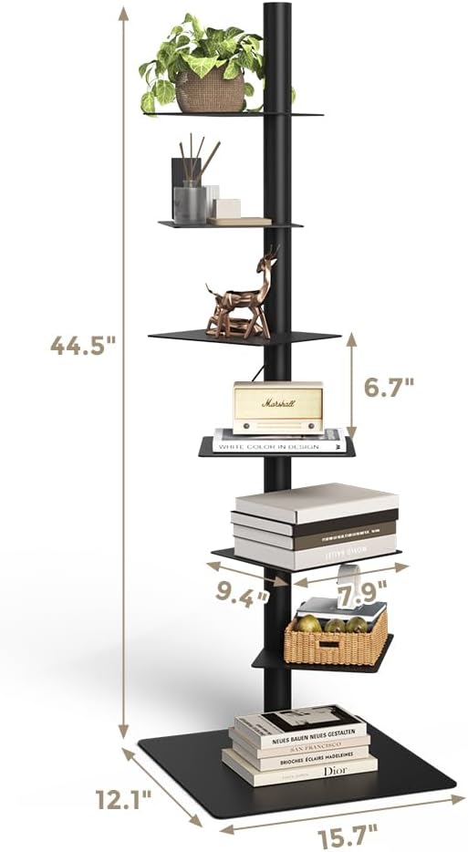 Nidouillet 6 Tier Tall Narrow Metal Bookshelf, Vertical Tower Bookcase with Adjustable Shelves, Space Saving Corner Book Shelf Storage Display Rack, Tool Free Assembly