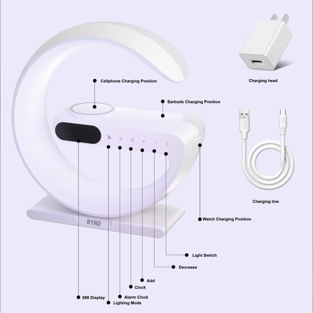 RYND 2026 Magnetic 5 in 1 Speaker Alarm Clock with Wireless Charger, Bedside Lamp with Adjustable Night Light, Gift for Family/Friends(White)