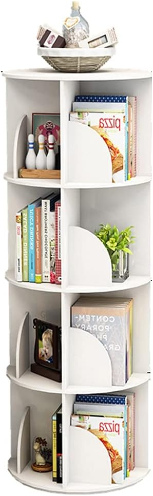 4-Tier White 360° Rotating Corner Bookshelf - Stylish Round Bookcase for Living Room & Library, Space-Saving Floor Shelf, Modern Home Decor Furniture