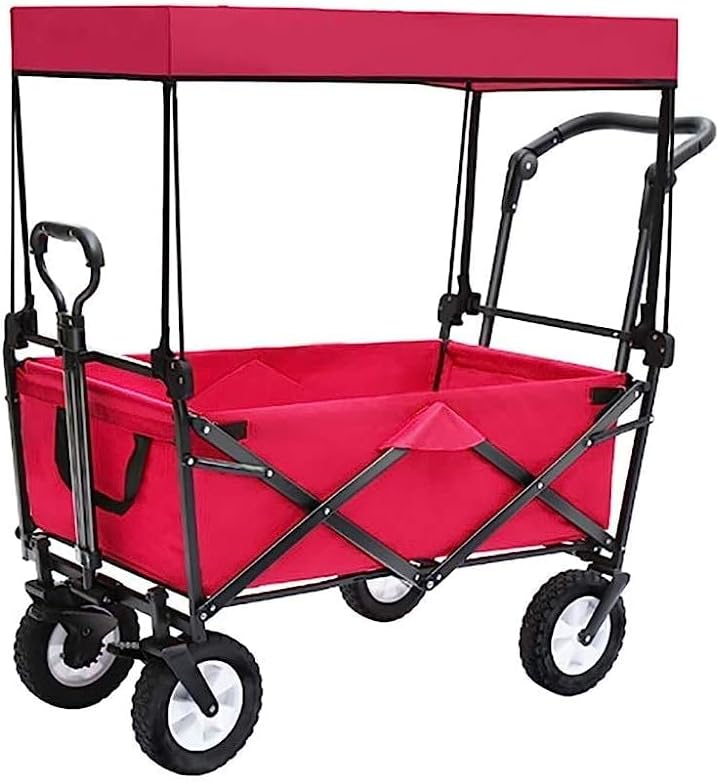 Handcart, Household Folding Garden Trolley Cart Heavy Duty Wagon with Canopy Multi-Function Shopping Cart for Outdoor Camping Beach Pull Truck with 4 Wheels, Load 80Kg
