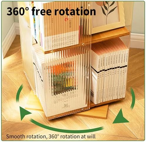 360° Rotating Bamboo Bookshelf Tower - 4-Tier Vertical Spinning Bookcase Stylish Wood Storage Display Rack for Living Room Office and Home Décor