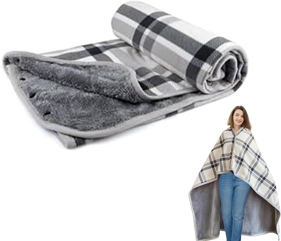 Fleece Wearable Blanket Poncho for Women 63 * 55" Plaid Lap Blanket Shawl Wrap Throw Cape with Buttons for Bed Desk Office- Plush Sleeveless for Grandma Gifts