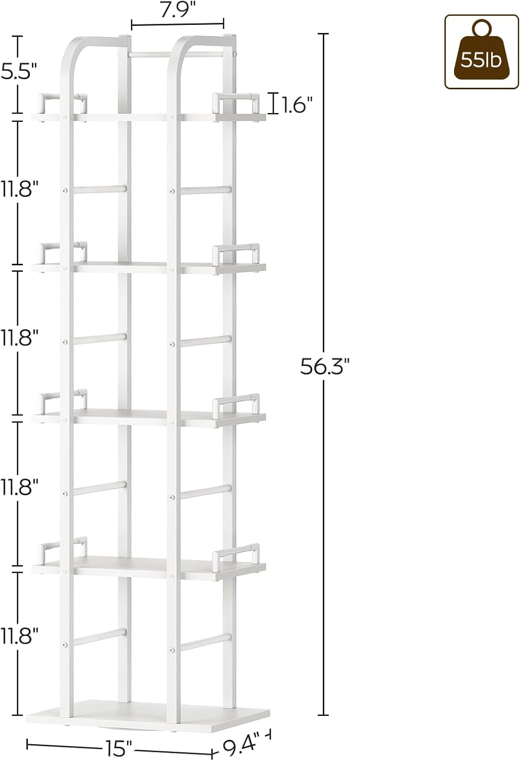 5 Tier Rotating Bookshelf, Freestanding Corner Bookshelf, 360 Spinning Bookcase Tower, Tall Industrial Style Organizer, Storage Shelf Bookcase for Living Room, Study, White SJ02WW
