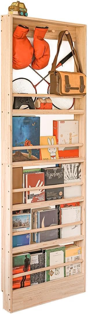 Wooden Slim Shelf with Hooks, Wall Mount, Organizer for Toys and Books, Behind-The-Door, Space-Saving (H: 185cm)