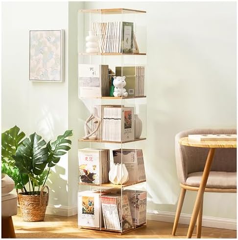 360° Rotating Bamboo Bookshelf Tower - 4-Tier Vertical Spinning Bookcase Stylish Wood Storage Display Rack for Living Room Office and Home Décor