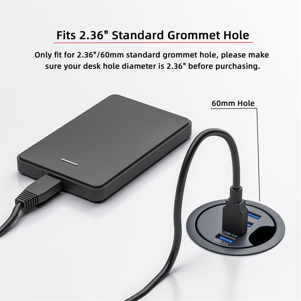 Cablecc 4 Ports USB 3.0 Hub USB Splitter 60mm Desk Grommet Dock Station Interface for Desktop PC Desk
