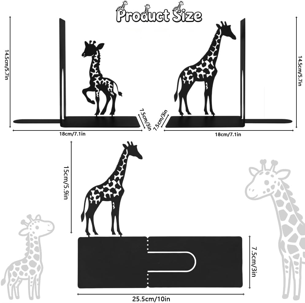 1 Pair Giraffe Bookends for Shelves,3D Foldable Giraffe Book Ends Decorative Bookends Organizer Metal Book Stands Journal Book Holder Book Stoppers for Women Girls Kids Gift Home School Library Decor