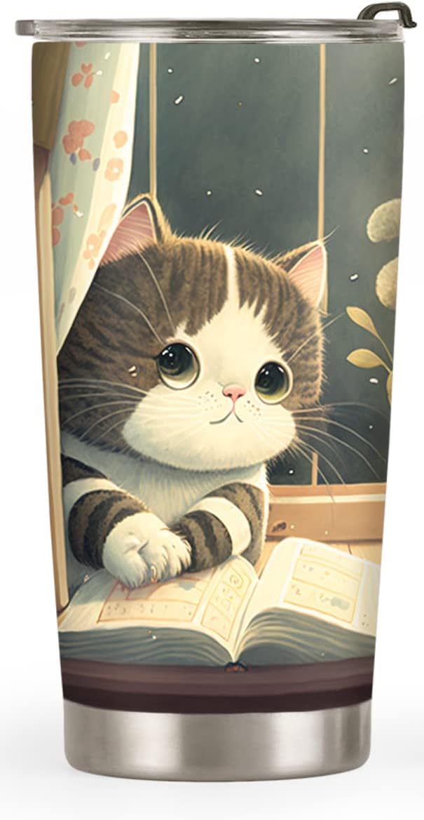 20oz Cute Kitten Books Cat Tumbler, Gifts for Cat Lovers, Librarian, Reading Gifts, Café Tumbler for Women, Stainless Steel Double Wall Vacuum Insulated Coffee Mug, Travel Cup with Lid
