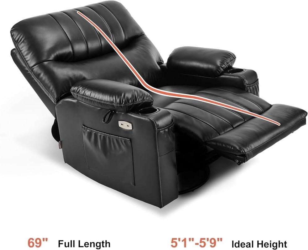 Power Swivel Rocker Recliner Chair with Heat and Vibration, Black Leather Electric Glider Recliner for Nursery, Living Room Sofa with USB Ports & Side Pockets