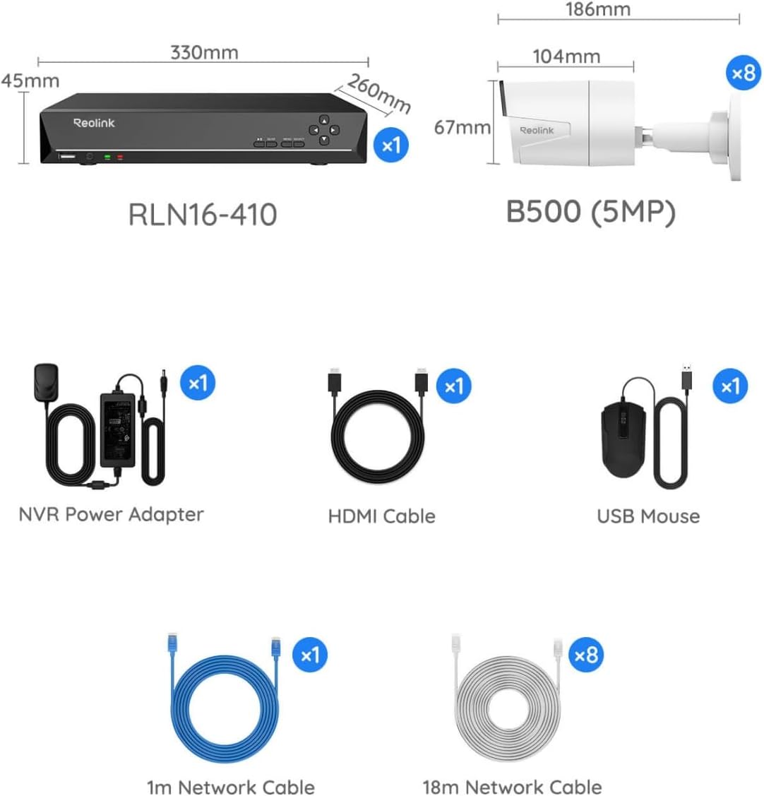 REOLINK 16CH 5MP Home Security Camera System, 8pcs Wired Outdoor PoE IP Cameras with Person/Vehicle/Pet Detection, 8MP 16CH NVR with 4TB HDD for 24-7 Recording, RLK16-410B8-5MP