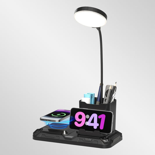KDD 4 in 1 Desk Lamp with Wireless Charger - 360° Rotating Gooseneck Small Table Lamp with Pen Holder & Phone Stand, Adjustable White and Warm Light Dual Mode LED Desk Light for College Dorm Room