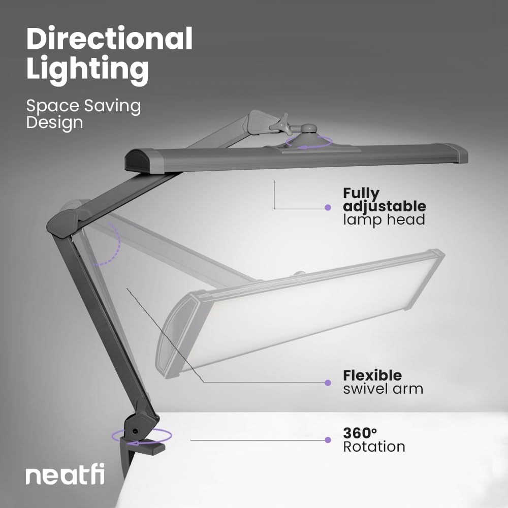 Neatfi 3,500 Lumens LED Desk Lamp – 45W Dimmable Task Light | 3 Light Modes | 540 SMD LEDs | Touch Control | 26-Inch Wide Metal Shade | Reading, Craft, Workbench & Office (CCT with Clamp, Silver)
