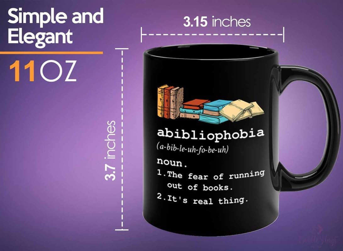 Reading Coffee Mug 11oz Black - Abibliophobia Definition - Reader Gift Bookworm Owl Lover Cat Lover Book Lover Novelist Librarian Writer
