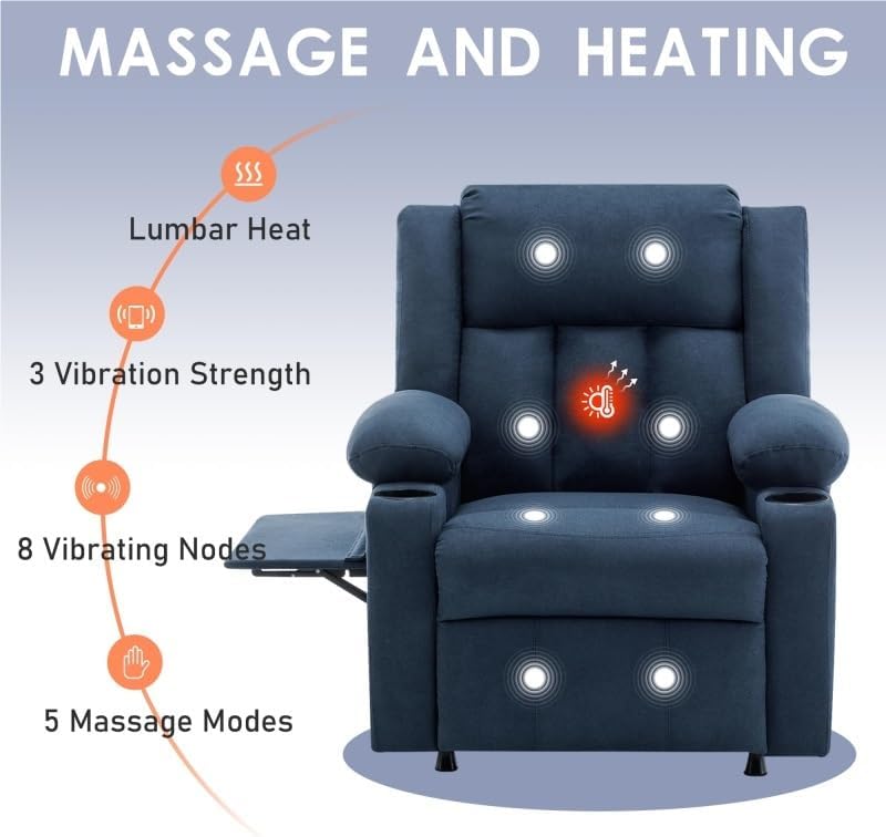 Power Reclining Sofa Chair with Heat and Massage Upholstered Heating Point Theater Seating Single Chairs with Side Pockets Sidetable for Home Furniture