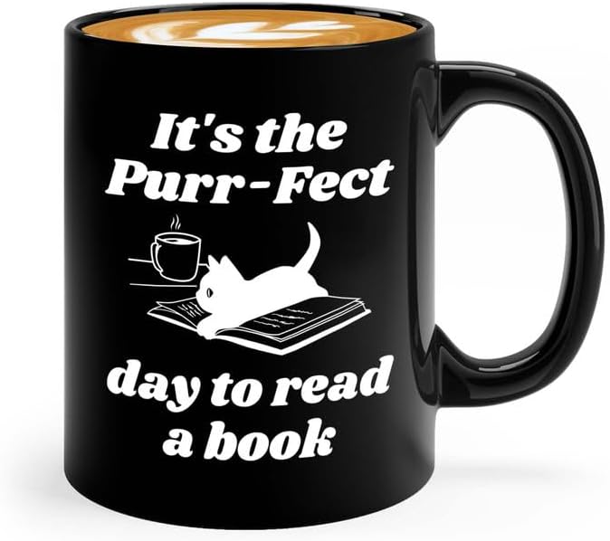 Reading Coffee Mug 11oz Black - Purr-fect Day Read a Book - Reader Gift Bookworm Owl Lover Cat Lover Book Lover Novelist Librarian Writer