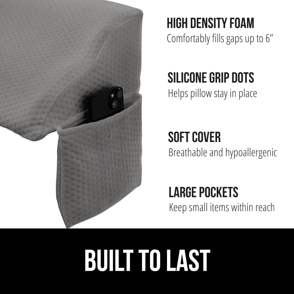 GORILLA GRIP Patented Bed Wedge Pillow for Headboard Gap, Filler Between Mattress Gaps, Comfortable Supportive High Density Cushioned Foam Pillows, Stay in Place Gripping Dots, Full Size Soft Gray