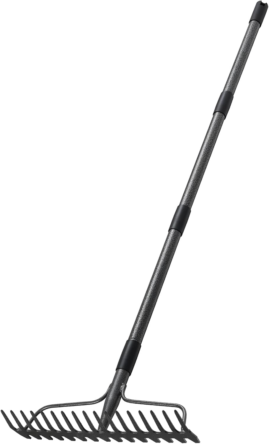 63'' Bow Rake ，17 Tines Metal Head Rakes with Stainless Steel Handle，Heavy Duty Garden Rake for Loosening Soil Gathering Leaf Leveling Lawn Farming Land Management Yarn Thatch Rake
