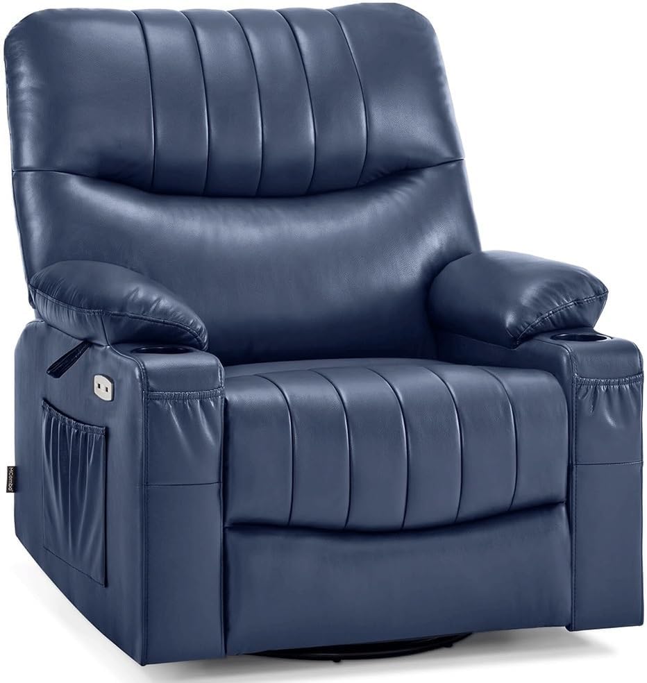 Power Swivel Glider Rocker Recliner Chair with Heat and Massage, Comfy Leather Nursery Chair with USB Ports & Cup Holders, Electric Reclining Sofa for Living Room, Blue