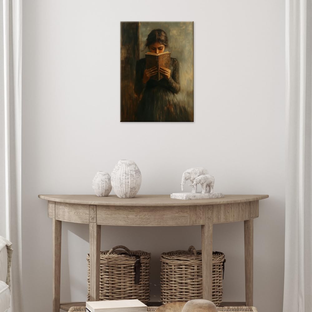 Dark Academia book wall art Decor Victorian Woman Reading Bookish Wall Art Print posters vintage book room library nook Decor Paintings Picture Moody Girl Aesthetic Poster 16x24in Wrapped Canvas
