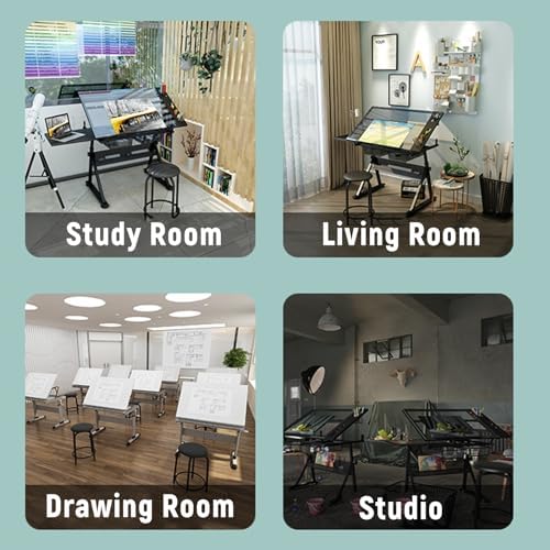 Drawing Tilting Tablet,(Drafting Desk with Stool Artist Drawing Table, 0°-80° Tilted Tabletop, 26.8"-36.2" Height Adjustable Work Surface for Reading, Writing, Crafting, Painting Art (Color