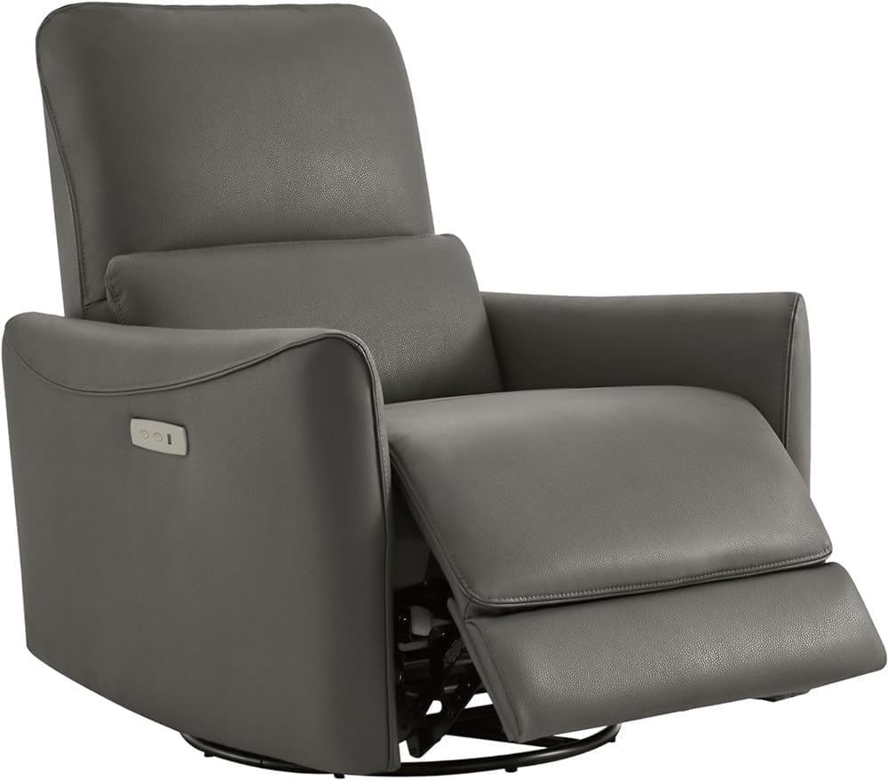 Electric Leather Power Swivel Glider Recliner with Lumbar Support & USB Charging, Modern Grey Upholstered Reclining Sofa Chair for Nursery, Living Room & Bedroom, Adjustable Ergonomic Comfort