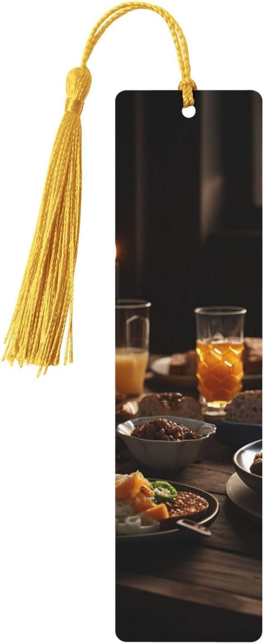 Plate Full of Food on Table Bookmarks Gifts for Women Men, Wooden Bookmarks for Book Lovers, Vintage Book Marks Ornaments with Tassel, Unique Personalized Reading Page Markers Gold