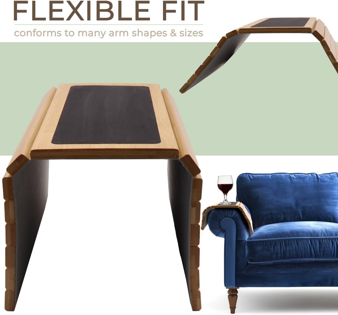 Bamboo Sofa Arm Tray: Sustainable Drink Holder & Organizer - Non-Slip Couch Armrest Protector with Coaster Functionality