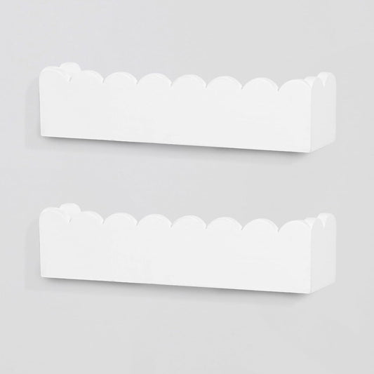 Wood Floating Shelves for Wall,Nursery Bookshelf,Kids Book Shelf,Baby Toys Storage Decor Organizer Wall Mounted for Living Room Bedroom,Wavy Edge,Preassembled,2 Pack,Scalloped Pine(White)