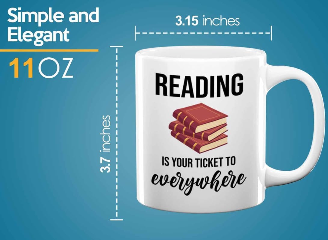 Bookish Coffee Mug 11oz White -Reading ticket to everywhere - Novel enthusiast Book Club Librarian Book Lover Writer Reader Bibliophile